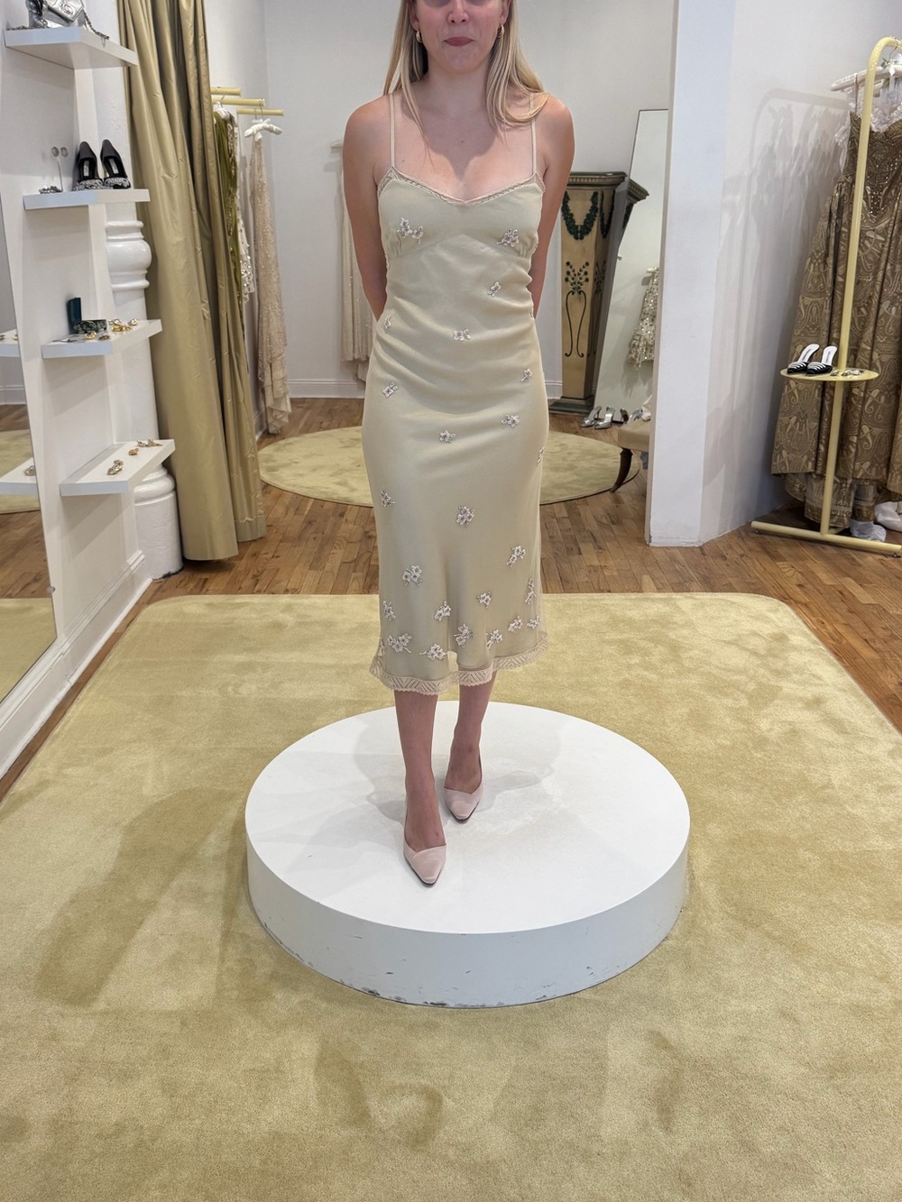 Vintage 90s Pianoforte MaxMara Pale Yellow Embellished Slip Midi Dress